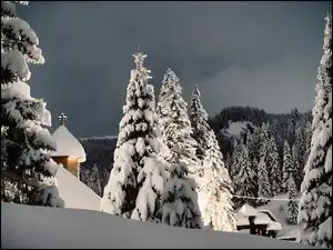 Kościół, Niebo, Las, Zima, Zachmurzone
