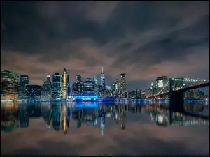 Manhattan, Manhattan, Cieśnina East River, Nowy Jork, Domy, Most Manhattan Bridge, Stany Zjednoczone, Rzeka