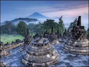 Pałac, Borobudur, Mgła, Indonezja, Góra, Dżungla, Posągi