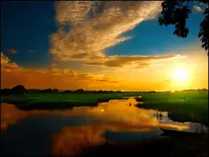 Jezioro, Zachód, Słońca, Chmury