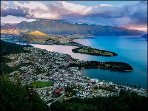 Nowa Zelandia, Jezioro Wakatipu, Panorama, Queenstown, Miasto, Zatoka, Góry