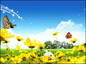 Kwiatki, Biedronka Grafika 2D, Żółte, Wiosna, Motylki
