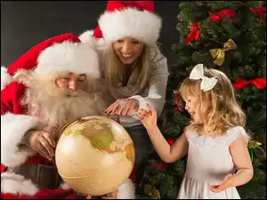 Mikołaj, Mikołajki, Dziewczynka, Globus, Kobieta, Choinka