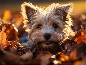 Yorkshire terrier leżący wśród jesiennych liści