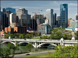 Calgary, Panorama, Bow, Roślinność, Rzeka, Most
