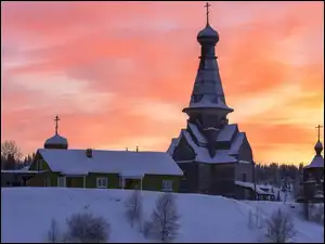 Kościół, Zima, Śnieg, Drzewa