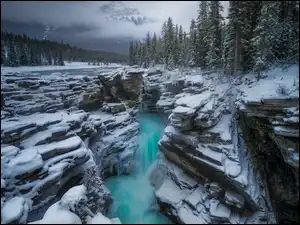 Park Narodowy Jasper, Skały, Kanada, Zima, Alberta, Wodospad, Rzeka Athabasca