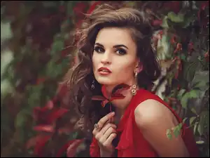 Brunetka, Kobieta, Włosy, Liść, Długie, Kolczyki