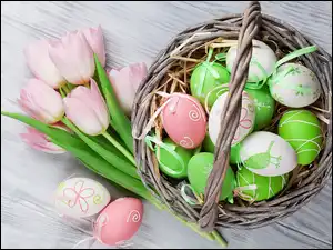 Tulipany, Wielkanoc, Pisanki, Jasne, Koszyk, Różowe, Tło, Kolorowe