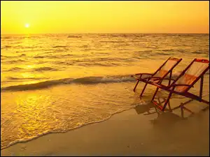 Plaża, Zachód, Wakacje, Morze, Leżaki, Dwa, Słońca