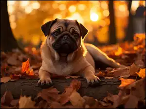 Drzewo, Jesień, Mops, Pies, Liście