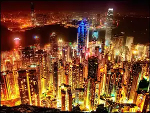 Wieżowce, Hong Kong, Noc, Światła