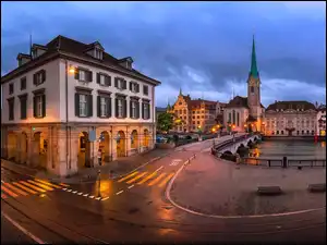 Rzeka Limmat, Oświetlone, Kościół Fraumunster, Zurych, Ulice, Most, Szwajcaria, Domy