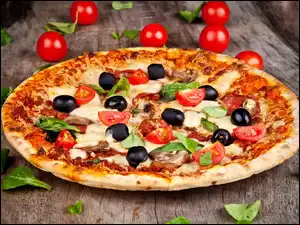 Pizza, Stół, Pomidorki, Oregano, Oliwki, Listki