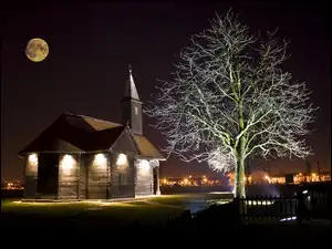 Drewniany, Drzewo, Księżyc, Noc, Kościół