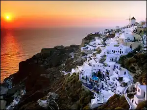 Grecja, Morze, Zachód Słońca, Santorini