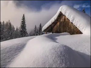 Śnieg, Góry, Chmury, Zima, Mgła, Drzewa, Dom