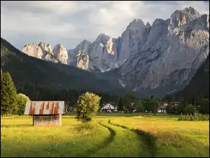 Drzewa, Łąka, Las, Góry, Domy