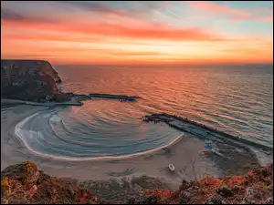Plaża, Morze, Skały, Zachód słońca, Wybrzeże, Zatoka Bolata Bay, Bułgaria, Łódki