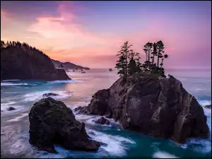 Stany Zjednoczone, Park stanowy, Samuel H Boardman State Scenic Corridor, Wschód słońca, Skały, Morze, Wysepka, Drzewa, Wybrzeże, Oregon