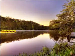 Jezioro, Park, Ławeczka, Słońca, Pomost, Wschód