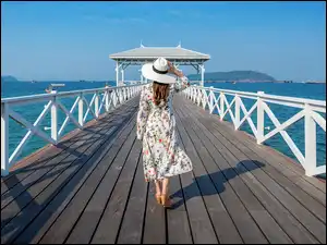 Tajlandia, Wyspa, Ko Sichang, Molo, Biały, Dziewczyna, Sukienka, Kapelusz, Spacer, Zatoka