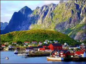 Nad, Morzem, Norwegia, Wieś, Statki, Port, Góry