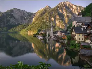 Miasteczko, Hallstatt, Domy, Austria, Jezioro Hallstattersee, Alpy Salzburskie, Góry