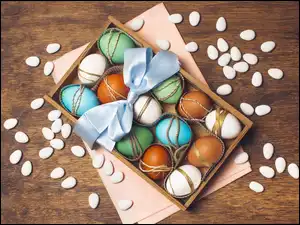 Drewno, Białe, Małe, Kartki, Skrzynka, Wielkanoc, Pisanki, Kolorowe, Różowe, Kamyczki