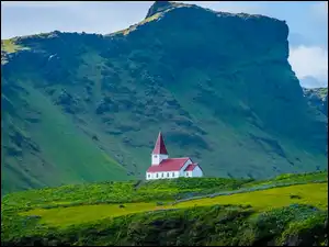 Trawa, Góry, Kościół, Islandia, Kwiaty, Vik i Myrdal