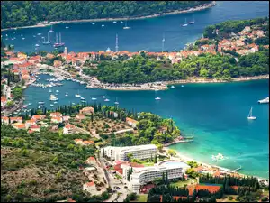 Chorwacja, Domy, Cavtat, Morze, Zatoki, Przystań, Motorówki, Remisens Hotel Albatros, Żaglówki
