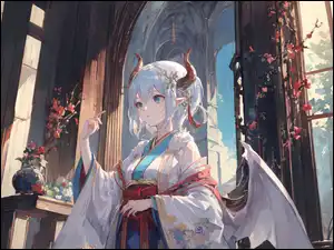 Skrzydła, Anime, Rogi, Dziewczyna, Kimono
