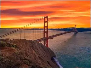 Stan Kalifornia, Stany Zjednoczone, Cieśnina Golden Gate, San Francisco, Most Golden Gate Bridge, Zachód słońca