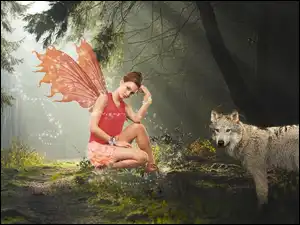 Las, Kobieta, Anioł, Wilk