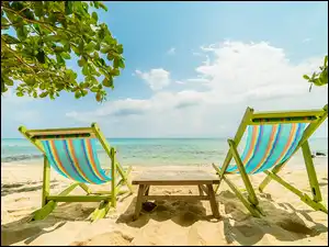 Leżaki, Wakacje, Piasek, Plaża, Stolik