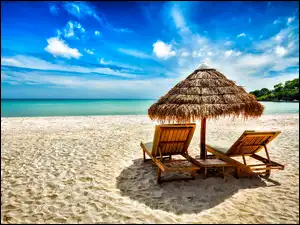 Morze, Plaża, Leżaki, Parasol