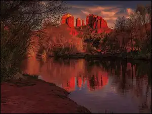 Stany Zjednoczone, Odbicie, Sedona, Drzewa, Czerwone, Góry, Cathedral Rock, Skały, Rzeka, Arizona