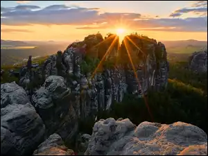 Skały, Park Narodowy Saskiej Szwajcarii, Góry Połabskie, Zachód słońca, Schrammsteine, Niemcy