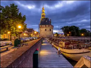 Nabrzeże, Holandia, Restauracja De Hoofdtoren, Łódki, Miasto Hoorn, Przystań, Pomost, Budowla