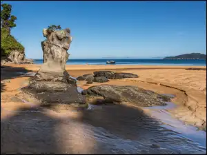 Park Narodowy Abel Tasman, Plaża, Morze, Tasmania, Totaranui Camping Area, Skały, Nowa Zelandia, Wybrzeże