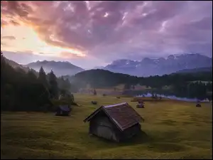 Niemcy, Alpy, Chmury, Góry, Domki, Drewniane, Drzewa, Jezioro Geroldsee, Lasy, Bawaria