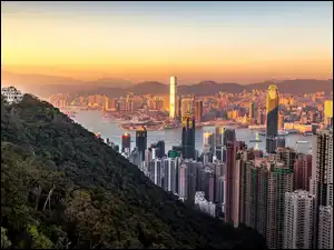 Delta Rzeki Perłowej, Chiny, Wieżowce, Hongkong, Zachód słońca