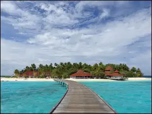 Pomost, Morze, Palmy, Domki, Plaża, Wyspa