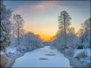 Drzewa, Wschód słońca, Rzeka, Zima, Krzewy