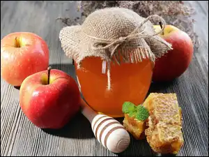 Miód, Słoik, Jabłka, Deski, Owoce, Nabierak
