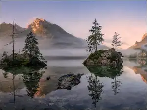 Bawaria, Jezioro, Mgła, Niemcy, Skały, Drzewa, Hintersee