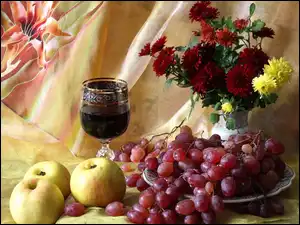 Winogrona, Wino, Chryzantem, Bukiet, Jabłka