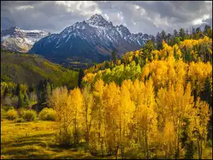 Chmury, Stany Zjednoczone, Drzewa, Góry Skaliste, Lasy, Kolorado, Szczyt, Jesień, Mount Sneffels