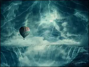 Balon nad wodospadem w czasie burzy