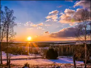 Śnieg, Domy, Słońca, Zachód, Drzewa